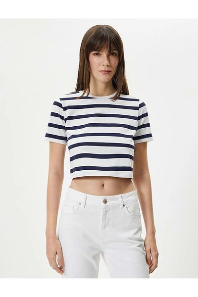 Koton Tricou Crop Decolteu Crew mânecă scurtă Bumbac 4SAK50013EK Bleumarin dungi