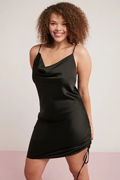 ETHIQUET Anna Women's Lycra Satin Fabric Drape Detailed Degaje Strap Mini Viscose Black Plus Size Dress