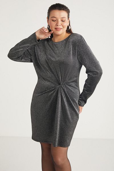 ETHIQUET Andıebb Women's Glitter Fabric Drape Detailed Crew Neck Long Sleeve Gray Plus Size Dress