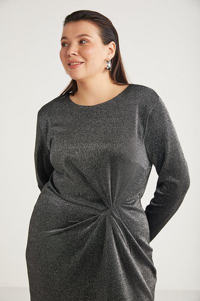 ETHIQUET Andıebb Women's Glitter Fabric Drape Detailed Crew Neck Long Sleeve Gray Plus Size Dress