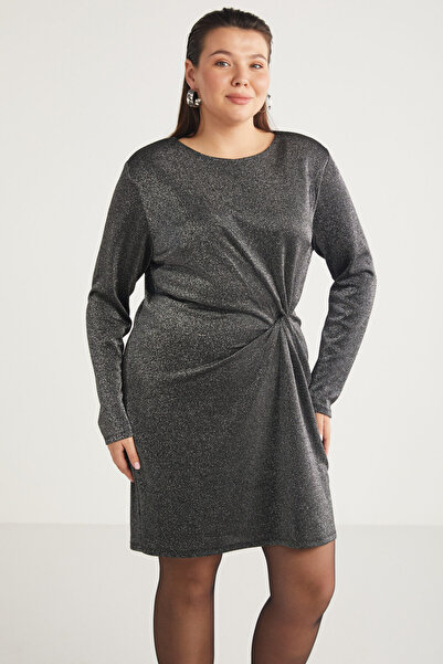 ETHIQUET Andıebb Women's Glitter Fabric Drape Detailed Crew Neck Long Sleeve Gray Plus Size Dress