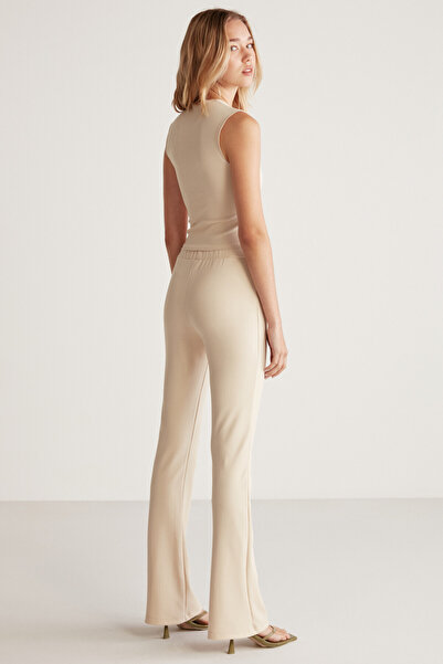 ETHIQUET Jolly Kadın Örme Krep Interlok Vücuda Tamamen Oturan Lastikli Yüksek Belli Flare Uzun Bej Pantolon