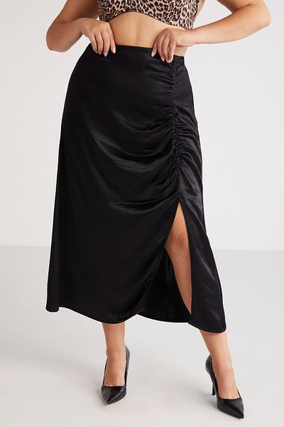 ETHIQUET Jena Women's Bubble Satin Look Drape Detailed Slit Midi Black Large Size Skirt