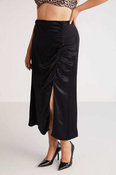 ETHIQUET Fustă de damă Jena Bubble Satin Look Drapeat Detaliat midi Negru Dimensiuni Mari