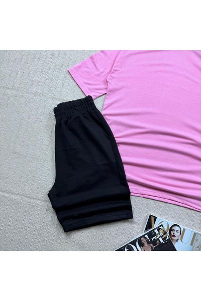 khufu Oversize Pink Relaxed Fit T-shirt Black Shorts and Sweatpants 3-Piece Set Unisex