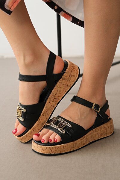 DİVOLYA Danzel Black Skin (4 CM Cork Sole) Daily Use Sandals