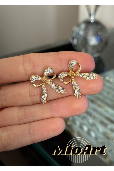 MioArt Women's Mini Trend Ribbon Bow 2 Cm Gold Earrings
