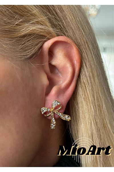MioArt Women's Mini Trend Ribbon Bow 2 Cm Gold Earrings