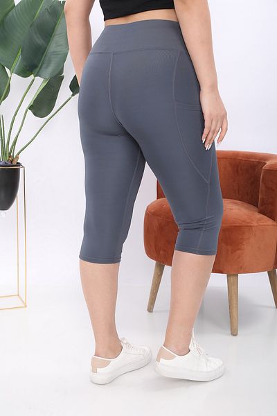 BANEGA Curve Women's Large Size Anthracite High Waist Recovery Double Pocket Below the Knee Capri Leggings Capri