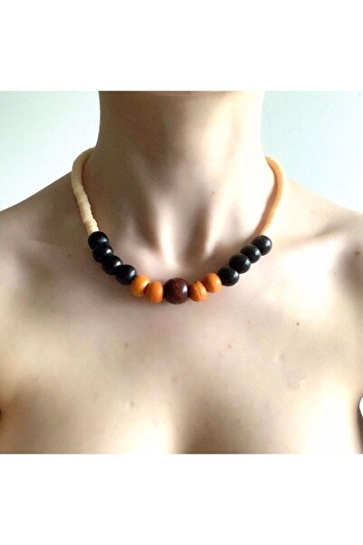LeylanTakı Women's Wooden Beaded Ecru Fimo Necklace