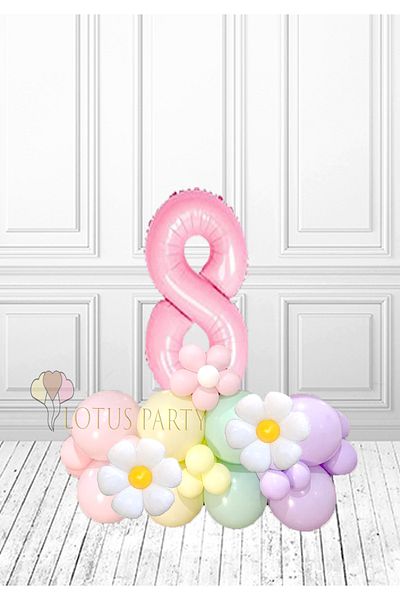 LOTUS PARTY Σετ πάρτι γενεθλίων 8 ετών - Θέμα Daisy, ροζ αριθμός και μπαλόνι από αλουμινόχαρτο