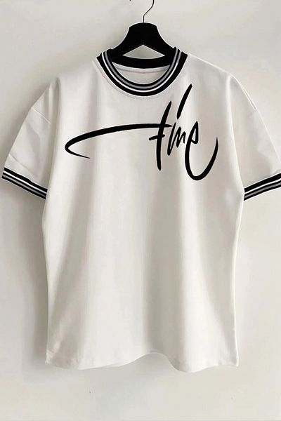 Vordevia Tricou alb de vară, unisex, cu imprimeu fin, sezon nou, cu guler supradimensionat