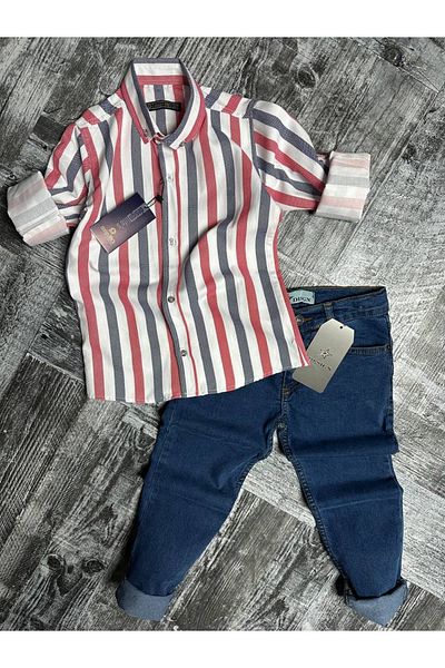 Tarz Çocuk Denim Trousers Striped Shirt Boy Combination