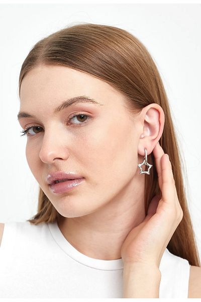 MioArt Silver Colored 2-Piece Star Patterned Women's Earrings Set