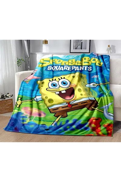 Elmas Dizayn Single Fleece 1St Quality Blue Yellow Sponge Bob 150 cm * 220 Cm. Tv Blanket