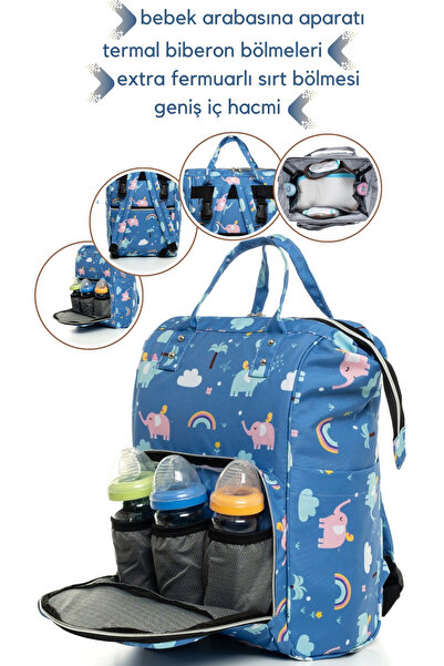 Sahra Leke Tutmaz Su Geçirmez Termal Bölmeli Sevimli Filler Anne Bebek Bakım Sırt Çantası