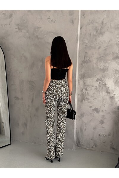 efstyle Легкі блискучі джинси-палаццо з леопардовим принтом і еластичним трикотажем