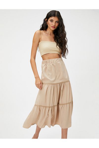 Koton Midi Skirt Layered Ribbon Scallop Detail Elastic Waist