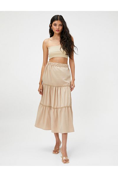 Koton Midi Skirt Layered Ribbon Scallop Detail Elastic Waist