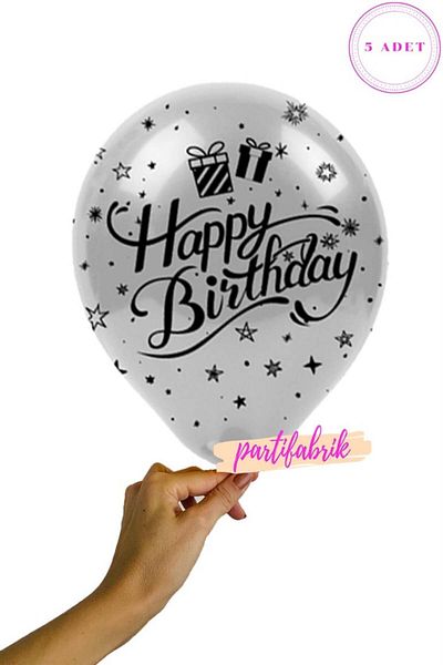 Partifabrik Black Happy Birthday Printed Silver Balloon
