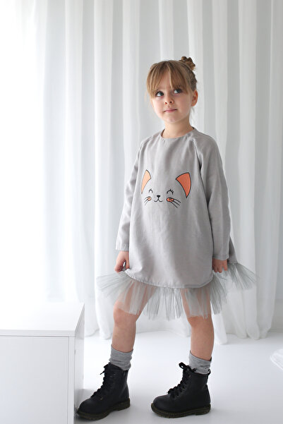 Catz Kids Gray Linen Cat Embroidered Tutu Dress