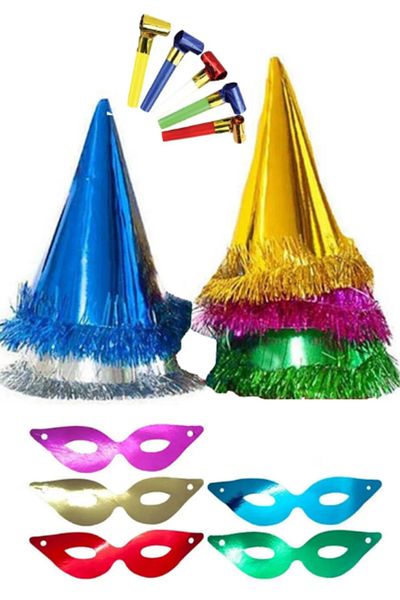 Partifabrik 5 Colorful New Year's Hat Party Mask and Whistle Set Paper Triangle Cation Set Mother-in-Law Whistle