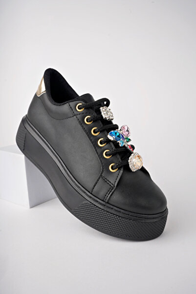 Freemax Women's Stone Detail Sneakers Faux Leather Lightweight Comfortable Shoes Abboud 803 Black