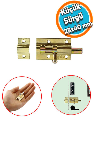 NZB Küçük Mavzer Sürgü Sürgülü Dolap Sürgüsü Kilit 25x40 mm Kapı Pencere Emniyet Kilidi Metal Prinç Sarı