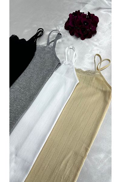 Clara Butik Women's Jacquard Cotton Lace 4-Piece Rope Strap Undershirt