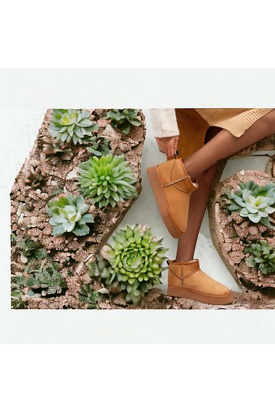Pretty Girl Γυναικείες μπότες Mini Tan Suede με χοντρή σόλα με γούνα στο εσωτερικό (ΣΟΛΑ 3,5 CM)