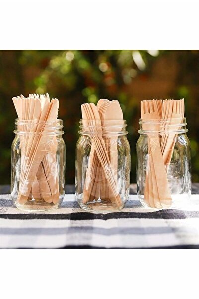 Partifabrik Wooden Natural Wooden Spoon Fork Knife 24 Set 72 Pieces