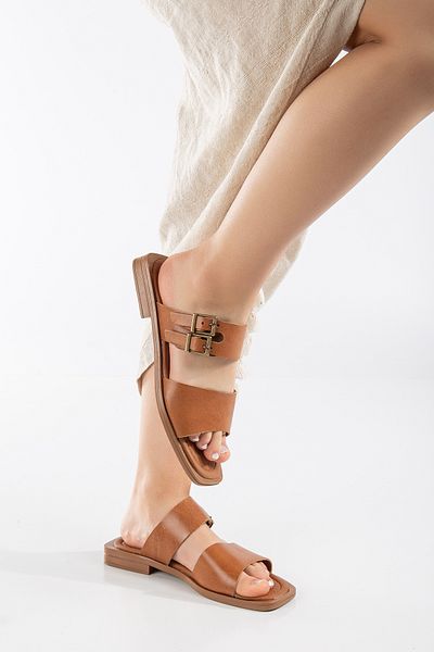 SANDALİ Women's GENUINE LEATHER TAN DOUBLE BUCKLE SLIPPERS