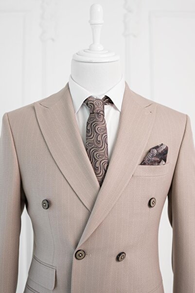 LUİGİ DİBERTİ Luigi Diberti Çizgili Sivri Yaka Çift Yırtmaçlı Slimfit Takım Elbise