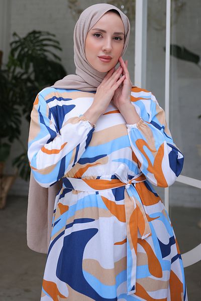 benguen 8234 Φόρεμα Hijab με ελαστικό σχέδιο μέσης μπλε