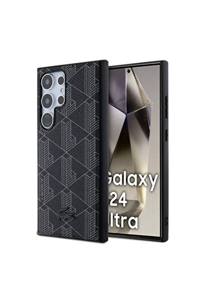 Lacoste Galaxy S24 Ultra Kılıf Lacoste Lisanslı Magsafe Özellikli PU Deri Görünümlü Monogram Desenli Siyah