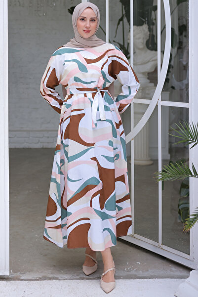 benguen 8234 Wzorzysta sukienka hidżab z elastycznym pasem Miętowozielona