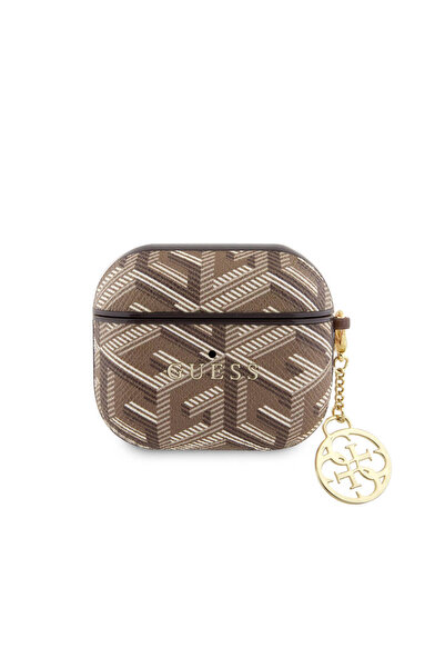 Guess Airpods 3. Nesil Uyumlu Kılıf Guess  Lisanslı G Cube Desenli 4G Süs Zincirli Kahverengi