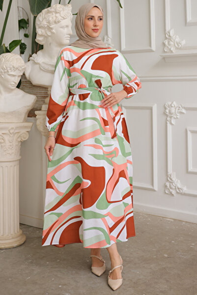 benguen 8234 Φόρεμα Hijab με ελαστικό μοτίβο μέσης καφέ