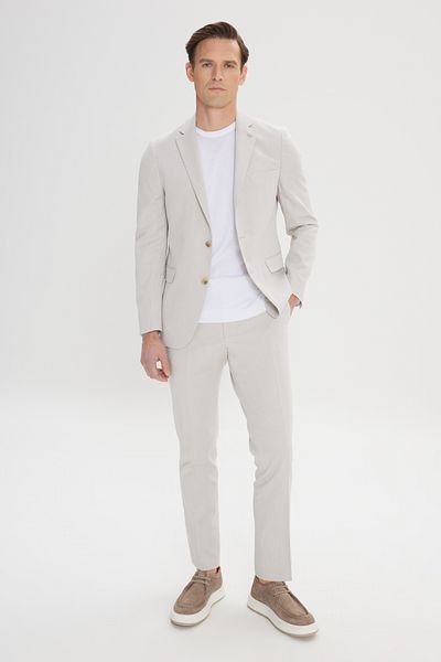 ALTINYILDIZ CLASSICS Men's Beige Slim Fit Slim Fit Mono Collar Cotton Diagonal Patterned Suit