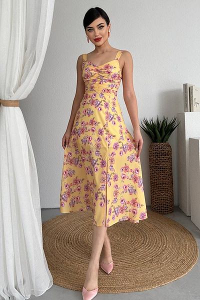 WOMAN VISION Γυναικείο Μίντι Φόρεμα 241 με λουλουδάτο μοτίβο Atlas Fabric Drape με λουράκι με σχισμή