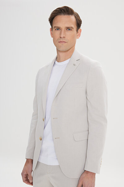 ALTINYILDIZ CLASSICS Erkek Bej Slim Fit Dar Kesim Mono Yaka Pamuklu Diagonal Desenli Takım Elbise