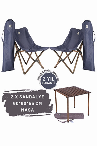 Bag The Joy Ahşap Katlanır Kamp Masa Sandalye Seti 60x60x55 cm | Balkon , Bah...