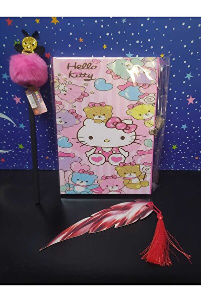 Parkkırtasiye HEDİYELİK  HATIRA DEFTERİ KİLİTLİ+POMPONLU ARILI SÜSLÜ KURŞUN KALEM +KİTAP AYRACI 3 LÜ  SET