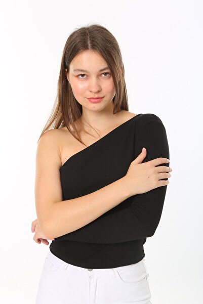 CHEISU Μαύρο μακρυμάνικο γυναικείο μπλουζάκι με έναν ώμο - Μπλούζα με ραβδώσε...