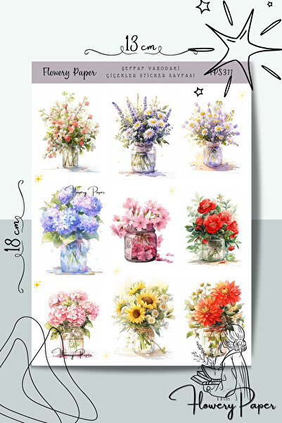 Flowery Paper Şeffaf Vazodaki Çiçekler Sticker Sayfası - Defter ,Ajanda , Jou...