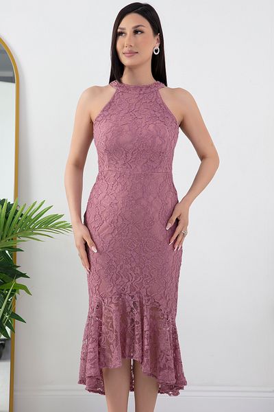 PULLIMM C Neck Glittery Lace Short Evening Dress 13299