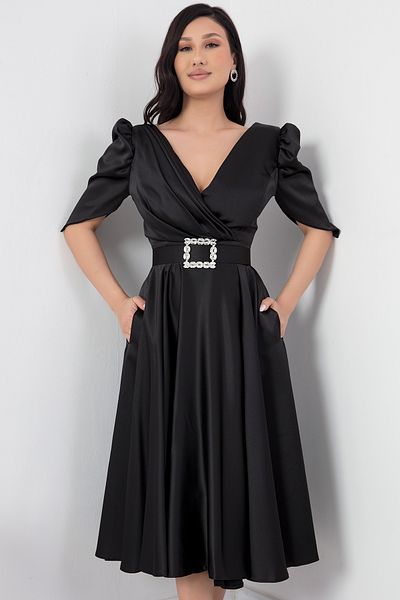 PULLIMM Rochie cu decolteu dublu cu centură din satin - DNS1520