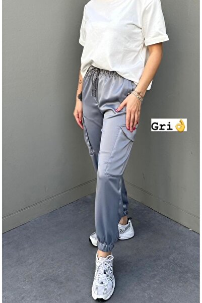ÇİZGİ Kargo cepli beli ve paça lastikli saten gri pantolon