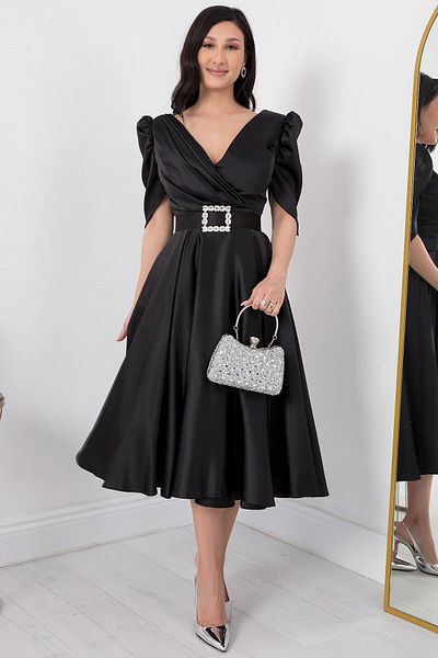 PULLIMM Rochie cu decolteu dublu cu centură din satin - DNS1520