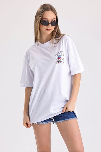 MD trend Women's Front and Back Off White Printed Cotton Oversize T-Shirt